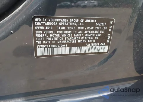 2017 Volkswagen Passat 1.8T R-Line from USA, damaged, VIN 1VWDT7A30HC070048